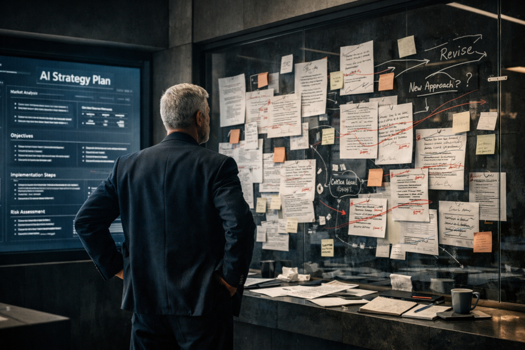 Ejecutivo senior analiza críticamente una estrategia generada por inteligencia artificial en un entorno tecnológico premium