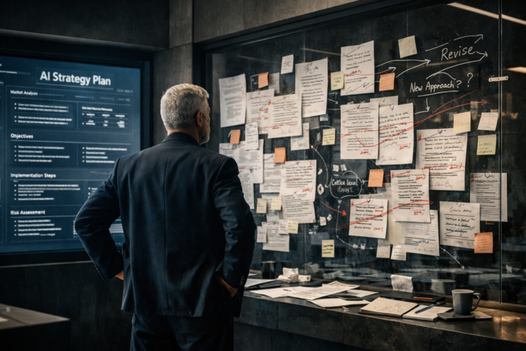Ejecutivo senior analiza críticamente una estrategia generada por inteligencia artificial en un entorno tecnológico premium